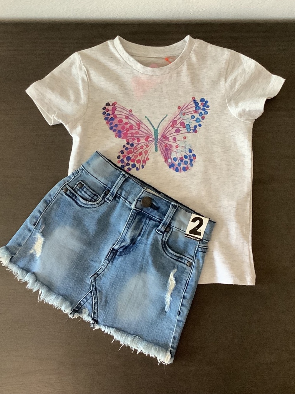 NWT Cotton on Kids Girls Blue Denim Skirt & Grey Butterfly Tee Size 2 Outfit Set
